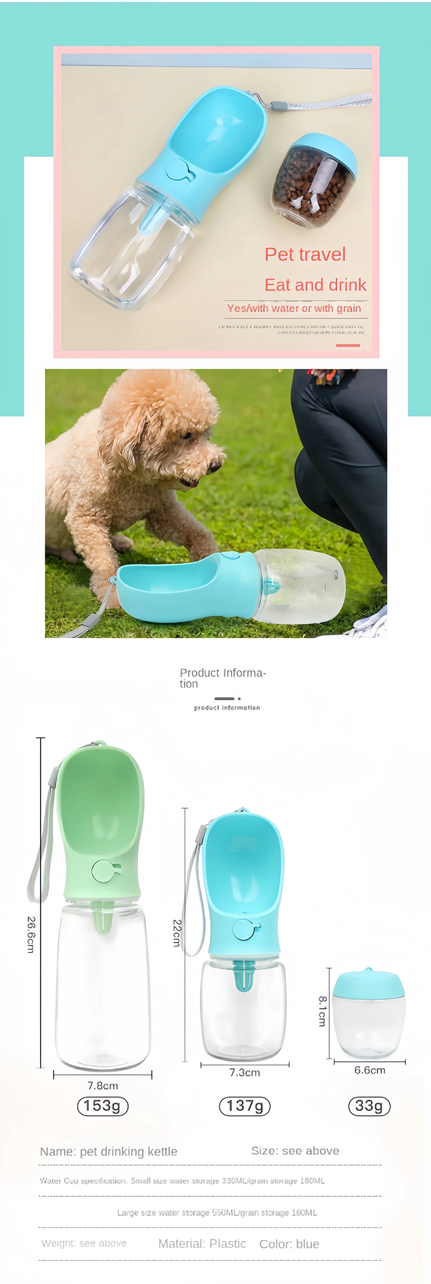 Portable Dog & Cat Water Bottle – Travel Feeder with Food Storage & Leakproof Dispenser