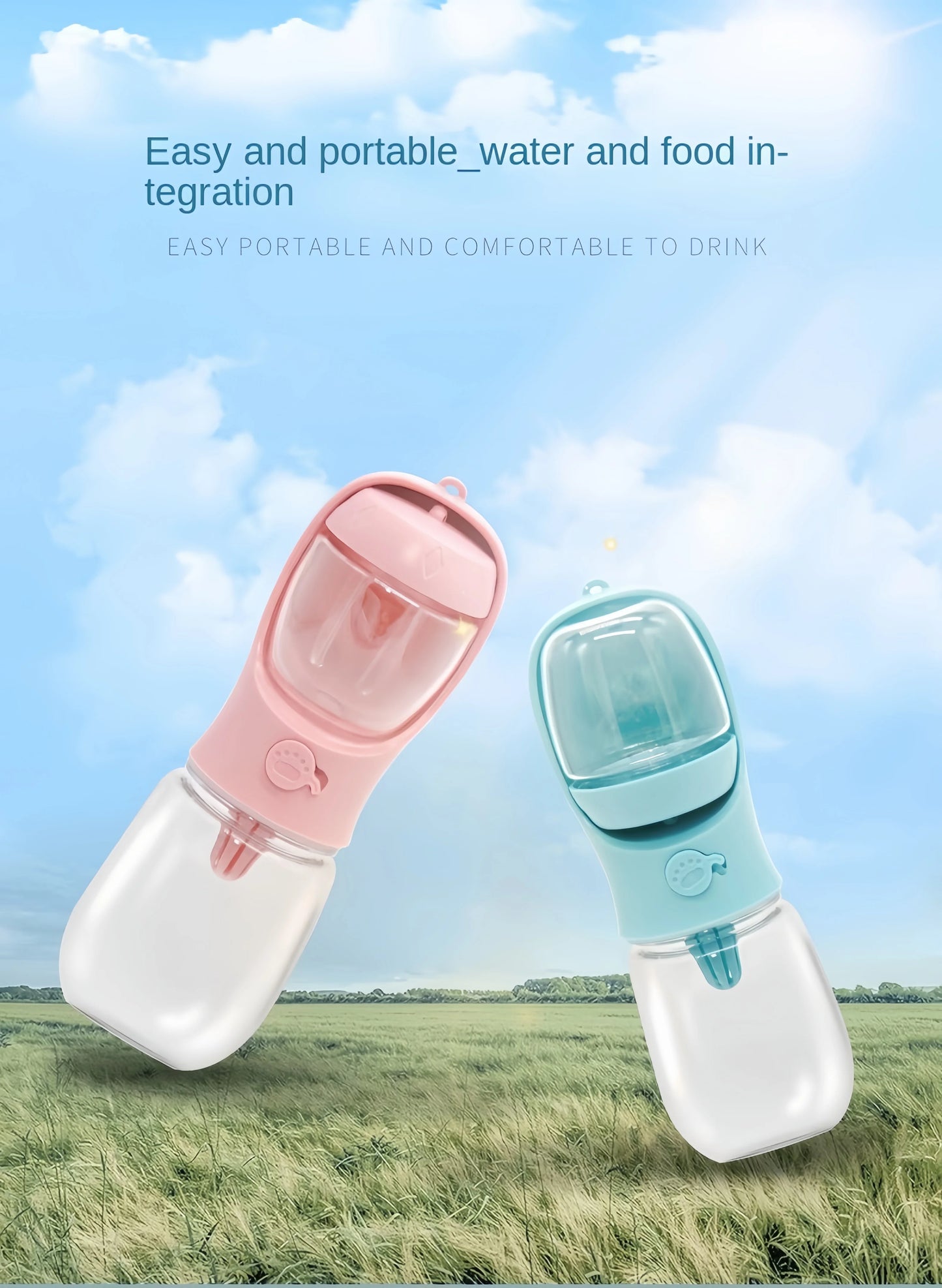 Portable Dog & Cat Water Bottle – Travel Feeder with Food Storage & Leakproof Dispenser