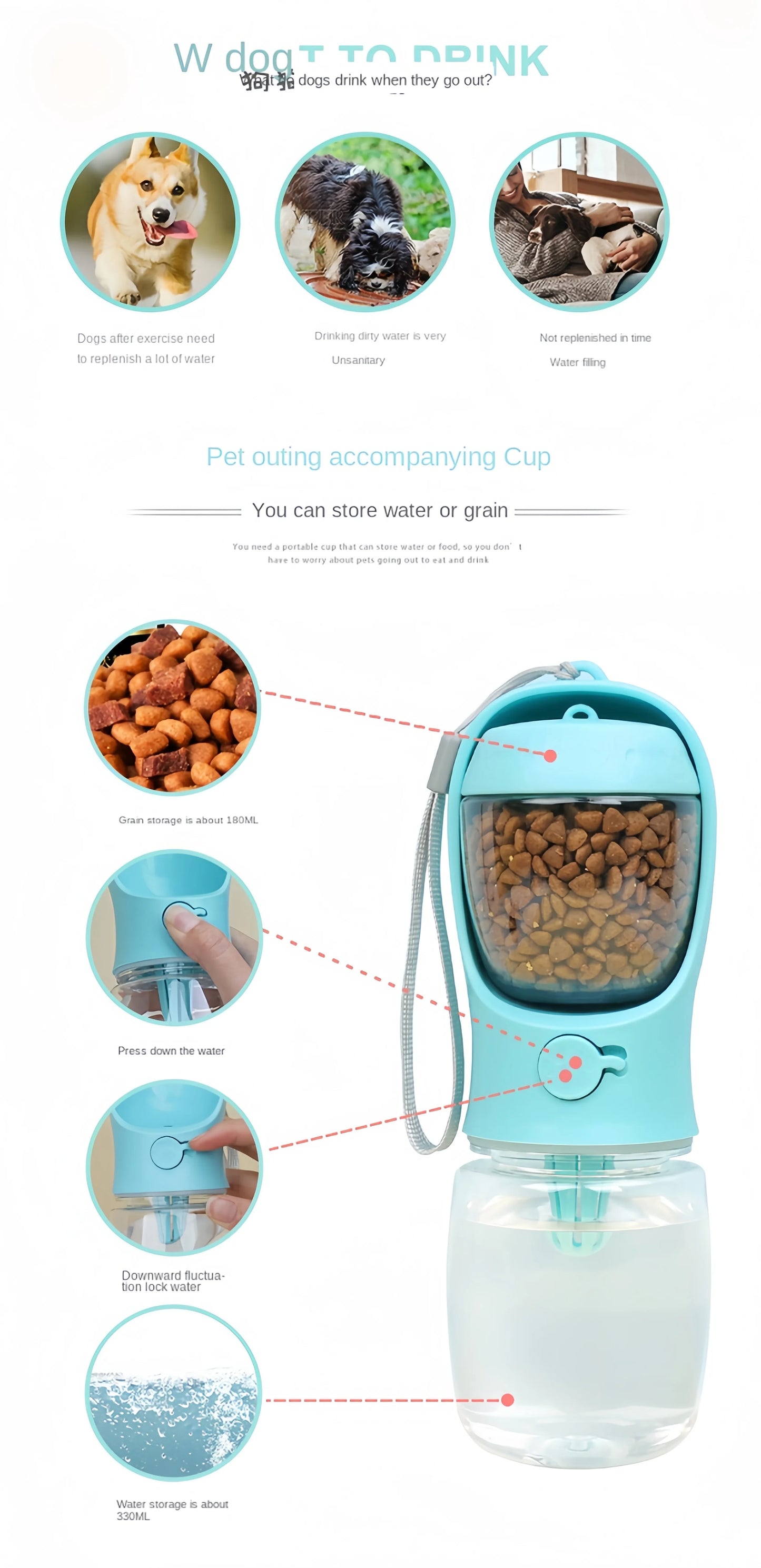 Portable Dog & Cat Water Bottle – Travel Feeder with Food Storage & Leakproof Dispenser