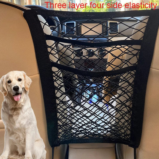 Pet Car Barrier with Safety Mesh Net & Storage Pocket – Back Seat Dog Guard for Cars